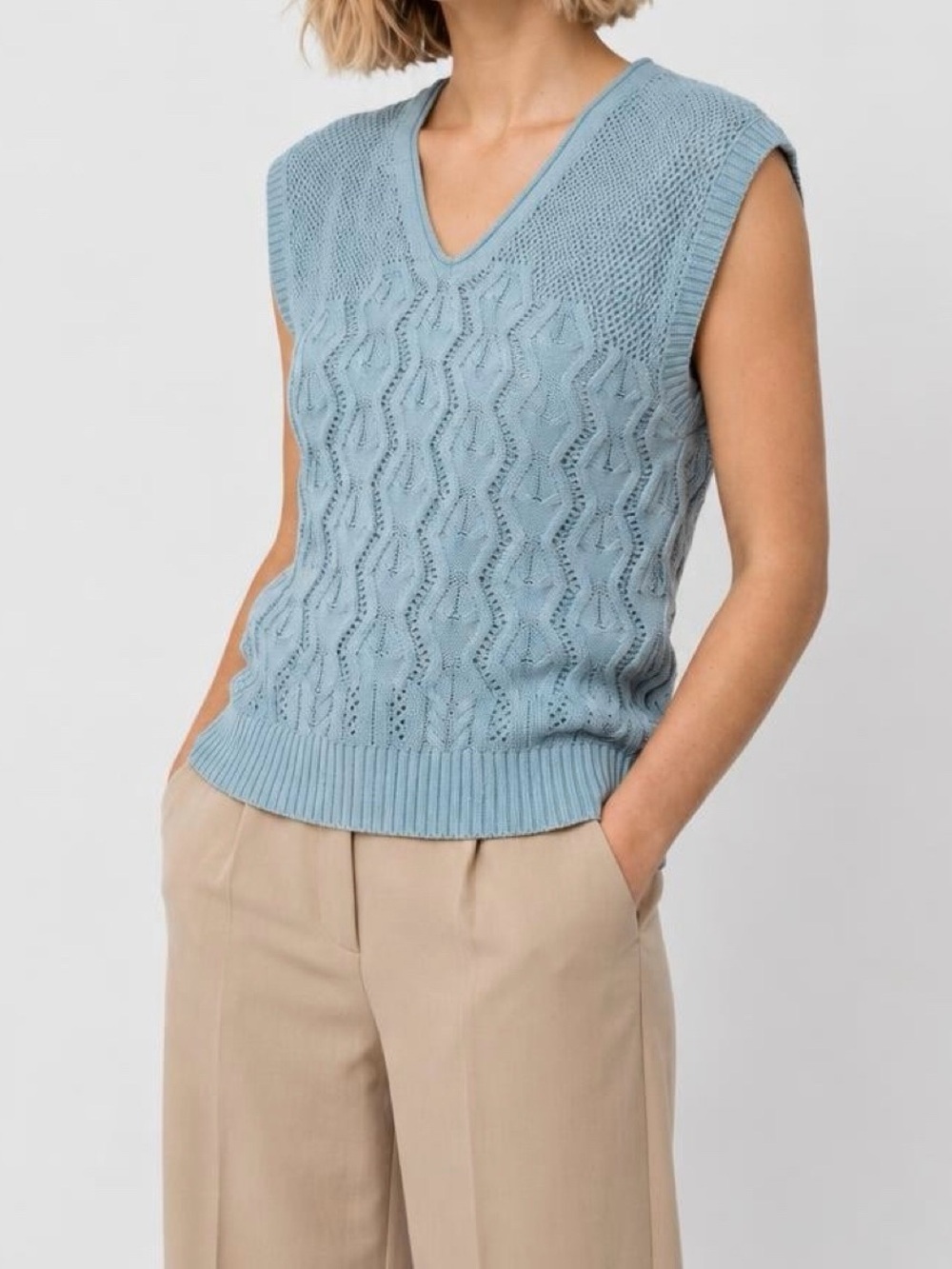 Frye Light Blue V-Neck Open Knit Sweater Vest